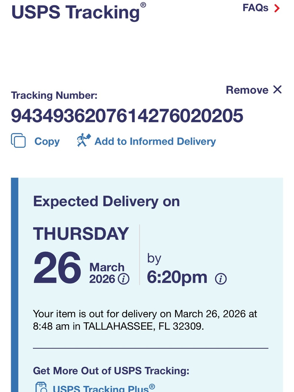 USPS Tracking Screenshot - Blue and White Delivery Notice